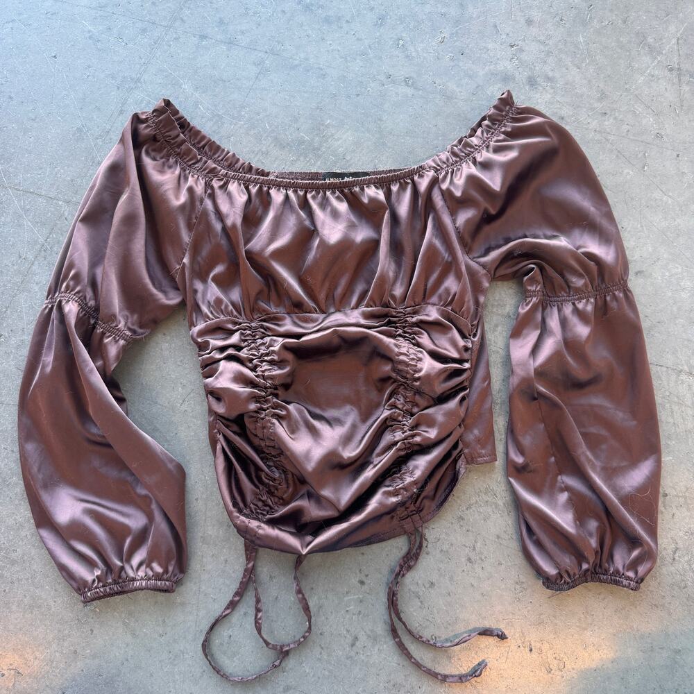 Vintage Y2k Brown Satin Medieval Tie Scrunch Longsleeeve Women's Blouse Small